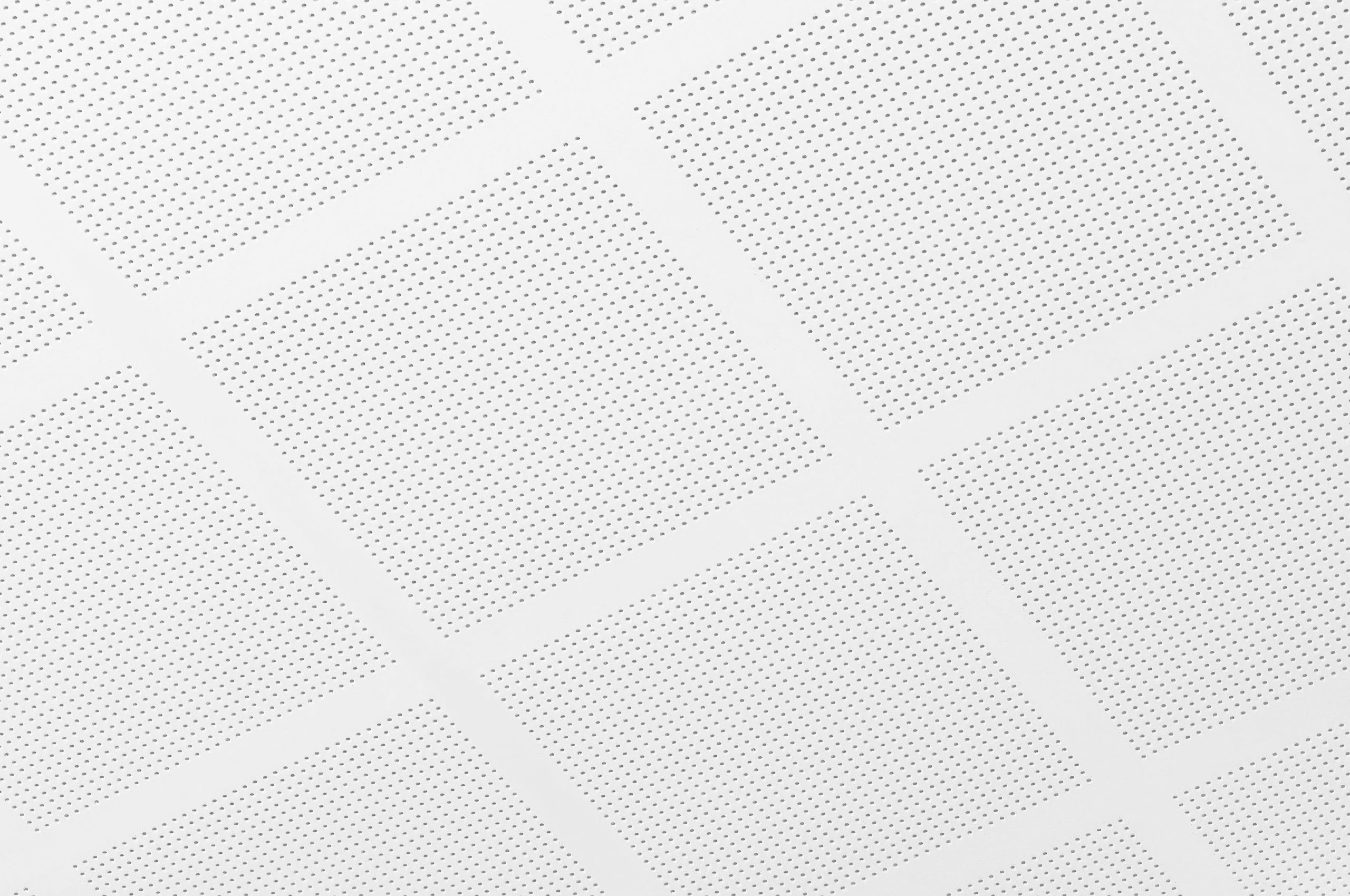 White ceiling panels with a grid pattern, each panel perforated with small holes, creating a uniform, geometric design. The image is well-lit and shows a close-up of the ceiling tiles.