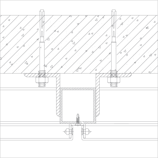 Technical drawing of a cross-section showing two anchor bolts securing a metal fixture to a concrete slab, with detailed nuts, washers, and a recessed box below the fixture.