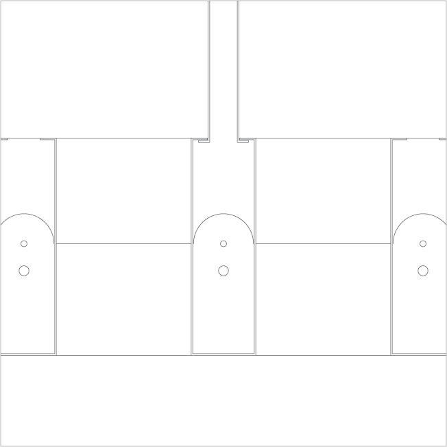 A simple, symmetrical floor plan layout with two central curved doorways, rectangular rooms, and straight dividing walls, shown in thin gray lines on a white background.