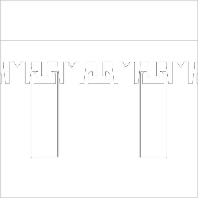 A technical line drawing showing a series of interlocking dovetail joints along a horizontal edge, with two rectangular tabs hanging vertically beneath the jointed section.