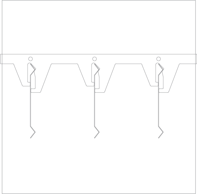 A technical line drawing shows three identical notched and hooked vertical metal components attached to a horizontal base, arranged in a row against a plain background.