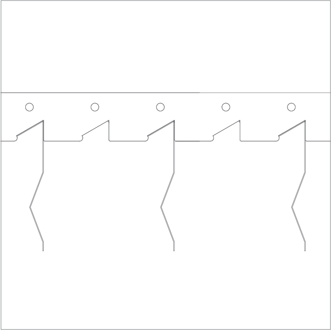 A line drawing showing three side-by-side geometric shapes with zigzag edges, aligned below a rectangular strip that has five evenly spaced circular holes near its lower edge. The background is plain white.