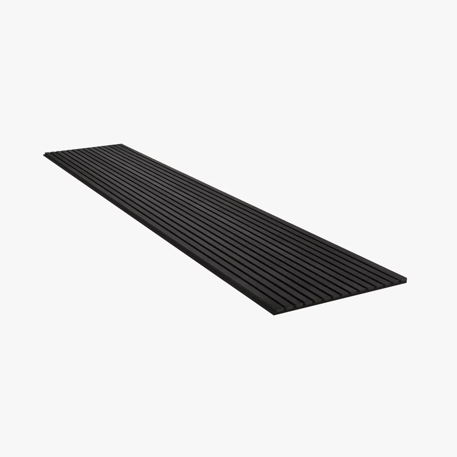 A long, rectangular black slatted panel with evenly spaced grooves, displayed on a white background.