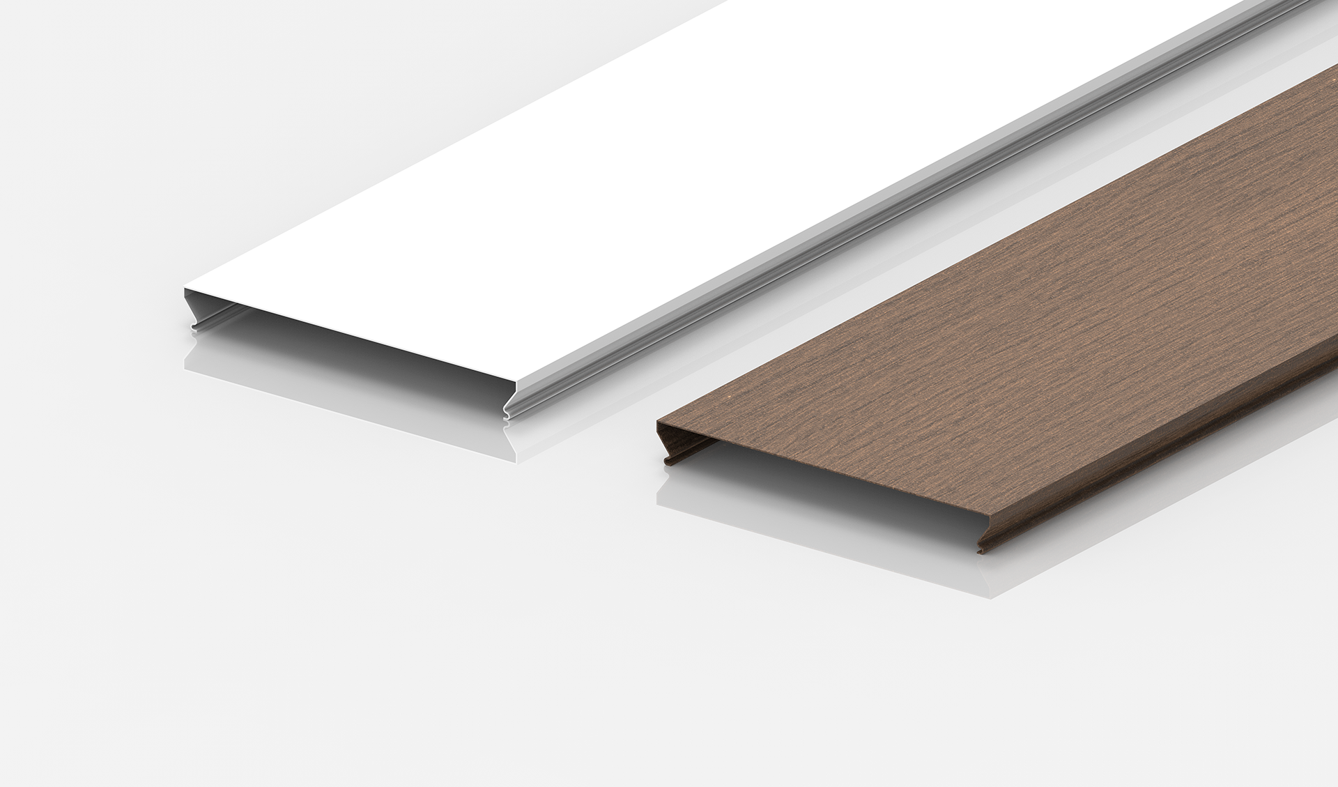 Two rectangular, hollow trim pieces are shown side by side on a white surface; one is smooth and white, while the other has a brown wood-like finish.
