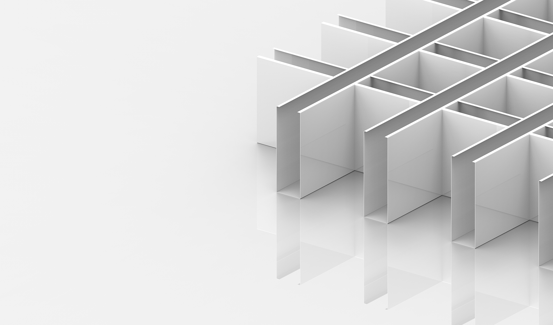 Abstract image showing a grid of white rectangular partitions arranged in a geometric pattern, casting soft shadows and reflections on a smooth, glossy white surface.