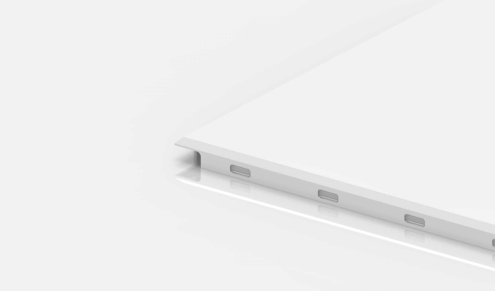 A close-up of a white, rectangular metal panel with beveled edges and rectangular cut-out slots along one side, set against a plain white background.