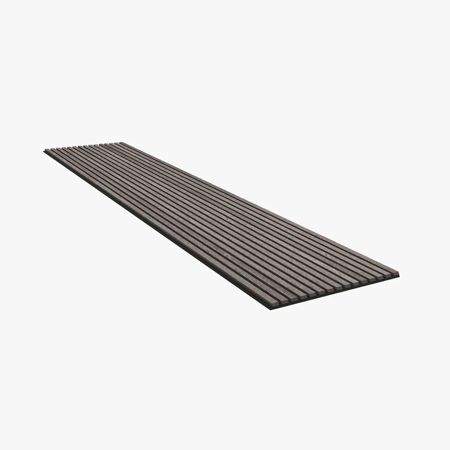 A long, rectangular, dark brown slatted wooden or composite plank with parallel grooves, shown on a plain white background.
