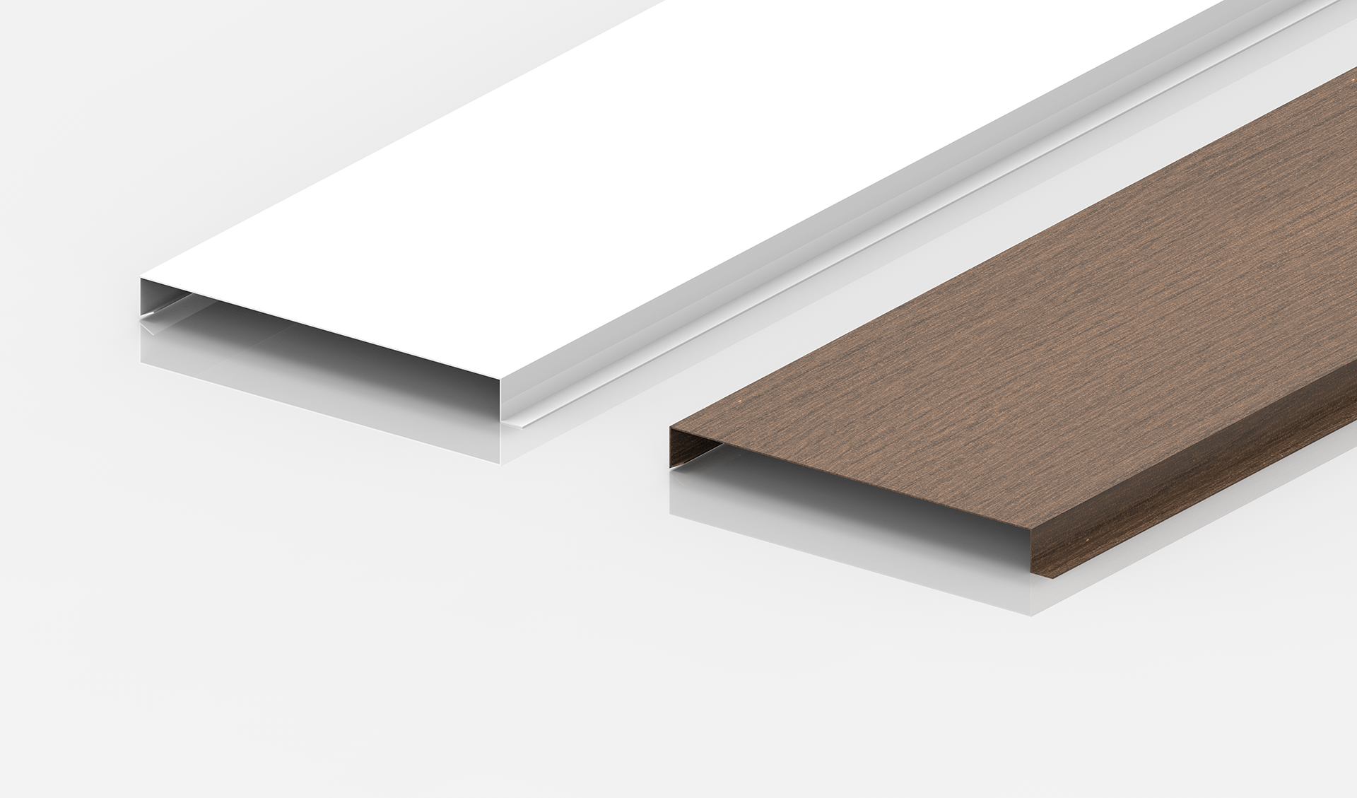Two rectangular hollow metal profiles are shown side by side on a white surface; one has a smooth white finish and the other has a brown wood-like texture.