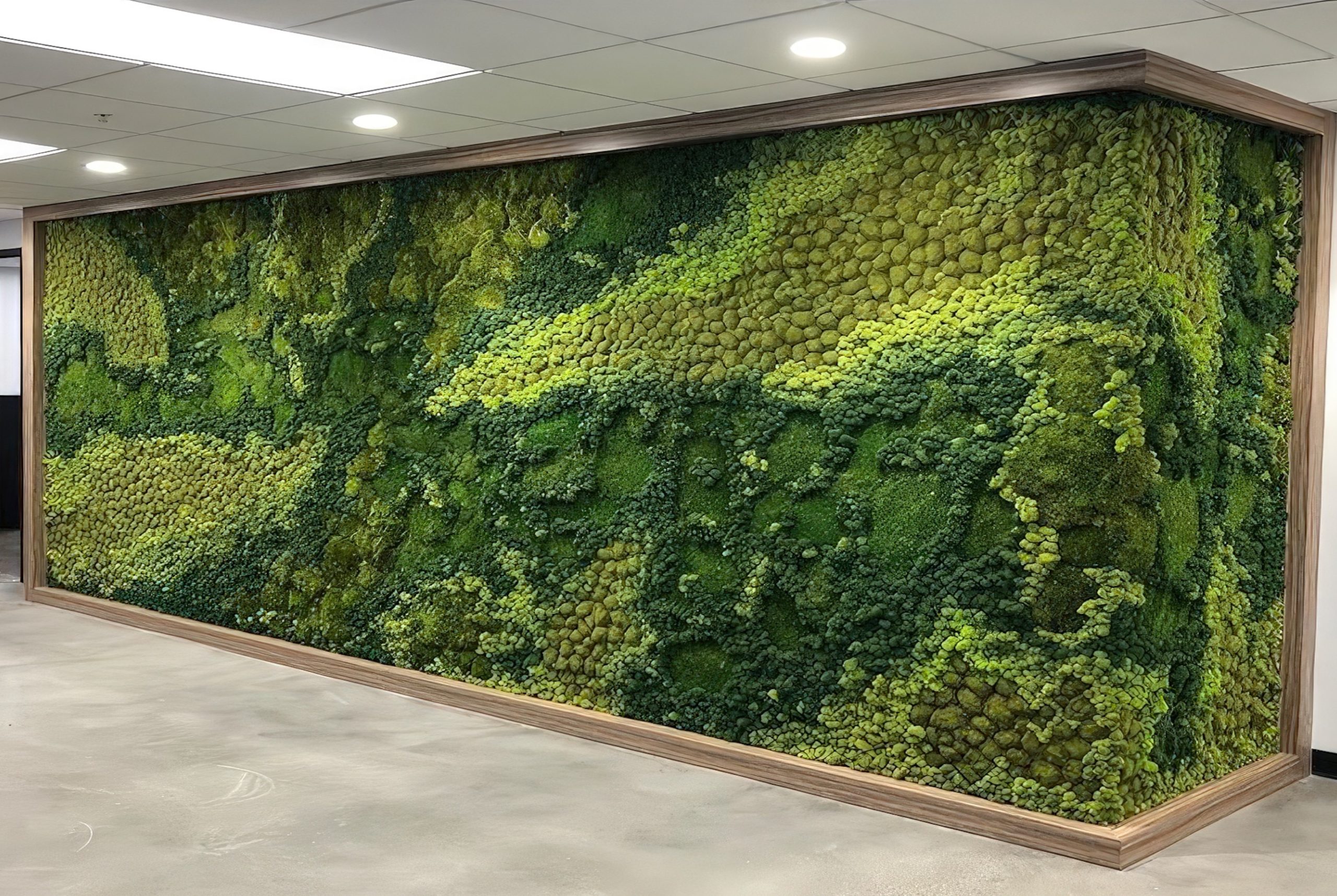 A large indoor wall is covered with lush, textured green moss in various shades and patterns, framed by wood trim. The surrounding area features a smooth, gray floor and white ceiling with recessed lighting.