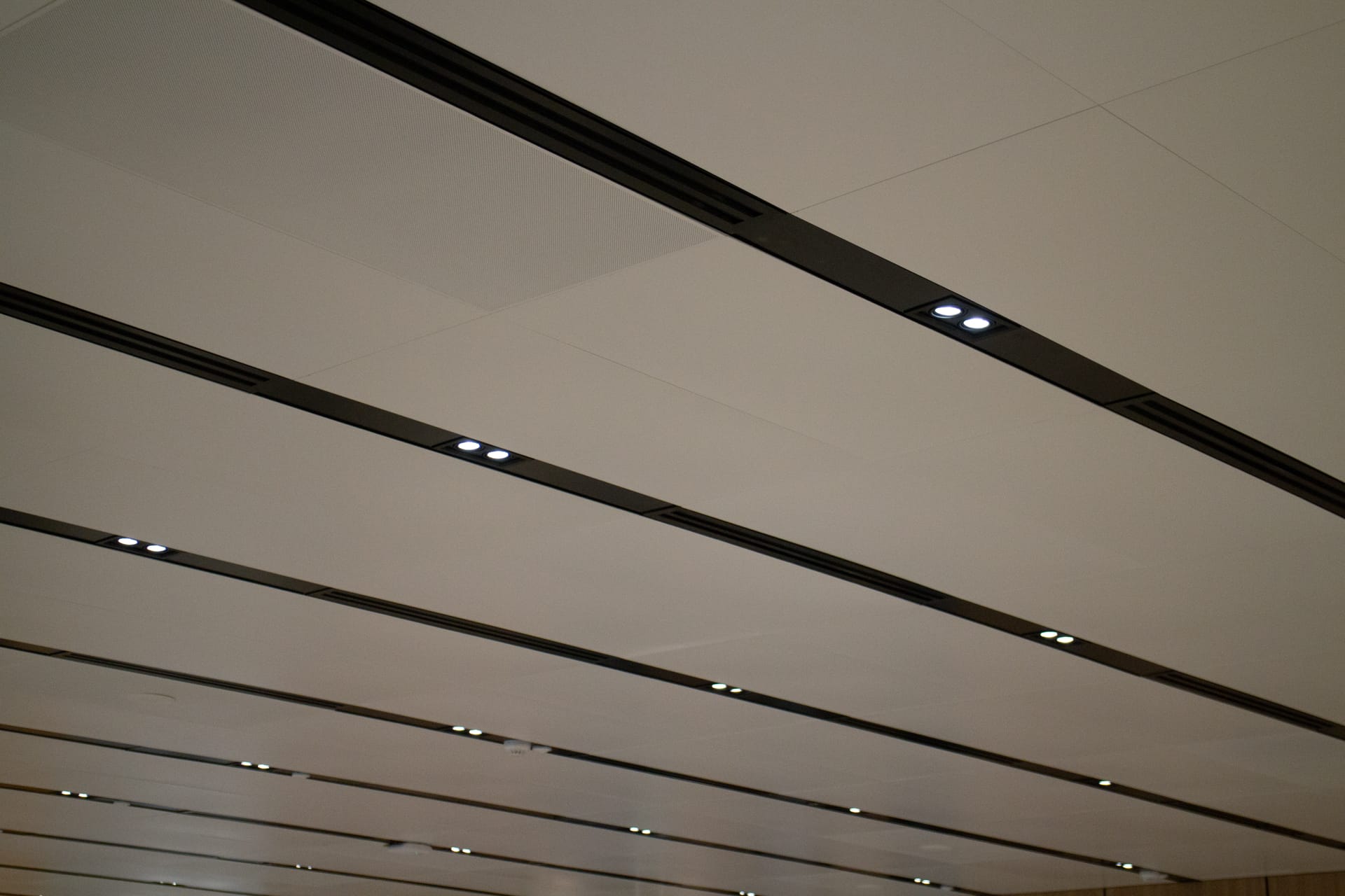 A modern ceiling with rows of recessed strip lighting and spotlights, creating a sleek, linear pattern. The panels are smooth and white, giving a clean, contemporary look.
