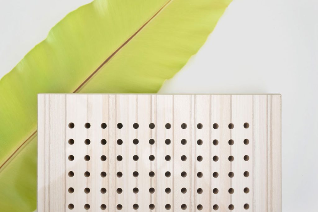 A large green leaf lies on a white surface. In front of it is a rectangular light wood panel featuring evenly spaced holes in a grid pattern.
