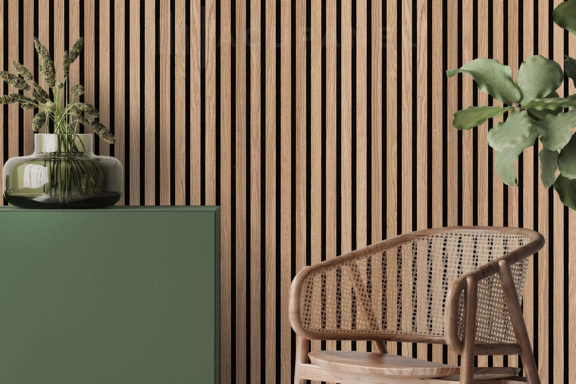 A modern interior features a wooden slat wall, a green cabinet with a glass vase of flowers, a potted plant, and a woven rattan chair with curved wooden arms. The decor is minimal and natural.