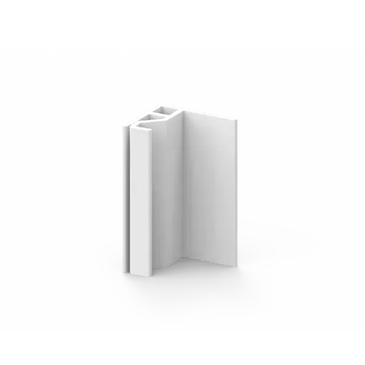 A white, angular plastic or metal bracket with a channel and a hollow section, standing upright on a plain, light gray background.