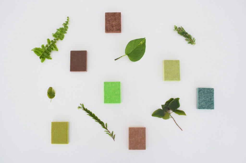 Small green leaves and sprigs are arranged on a white background alongside square color samples in shades of brown, green, and teal, creating a neat, geometric pattern.