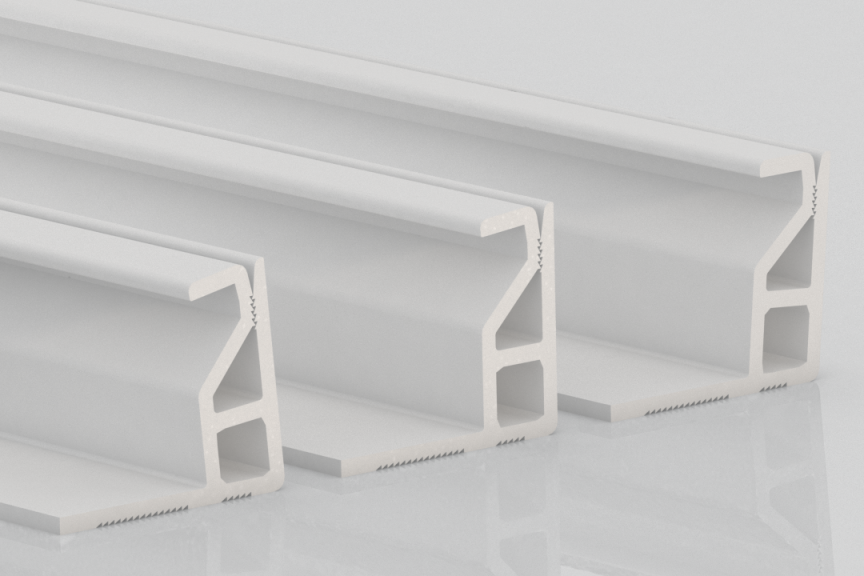 Three white aluminum extrusions with an angular, geometric profile are arranged side by side on a reflective surface. Each extrusion appears to have a slightly different width but similar shape.