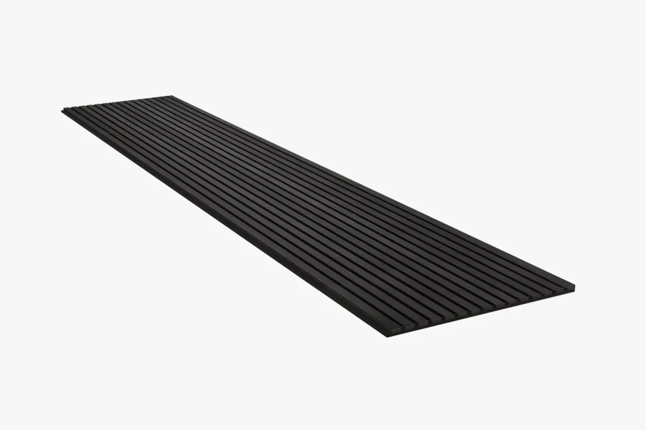 A long, rectangular black slatted panel with evenly spaced grooves, displayed on a white background.