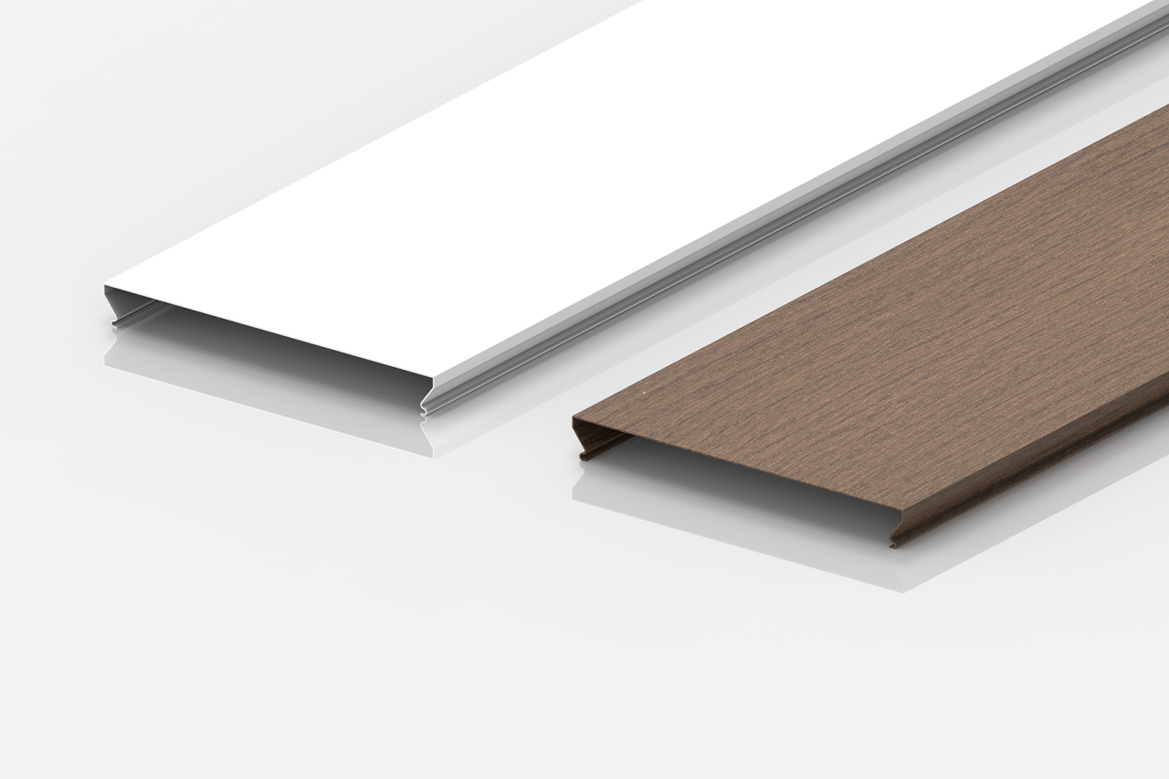 Two rectangular, hollow trim pieces are shown side by side on a white surface; one is smooth and white, while the other has a brown wood-like finish.