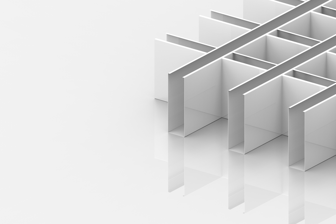 Abstract image showing a grid of white rectangular partitions arranged in a geometric pattern, casting soft shadows and reflections on a smooth, glossy white surface.