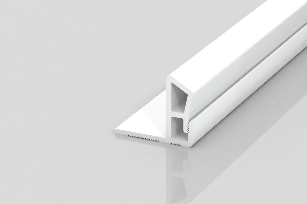 A white, triangular rubber or plastic seal strip with a flat base, photographed on a plain light gray surface with a subtle reflection.