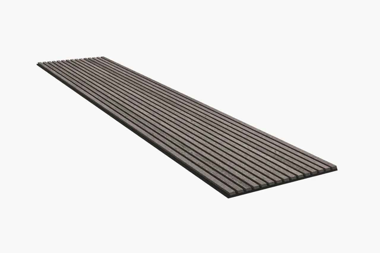 A long, rectangular, dark brown slatted wooden or composite plank with parallel grooves, shown on a plain white background.