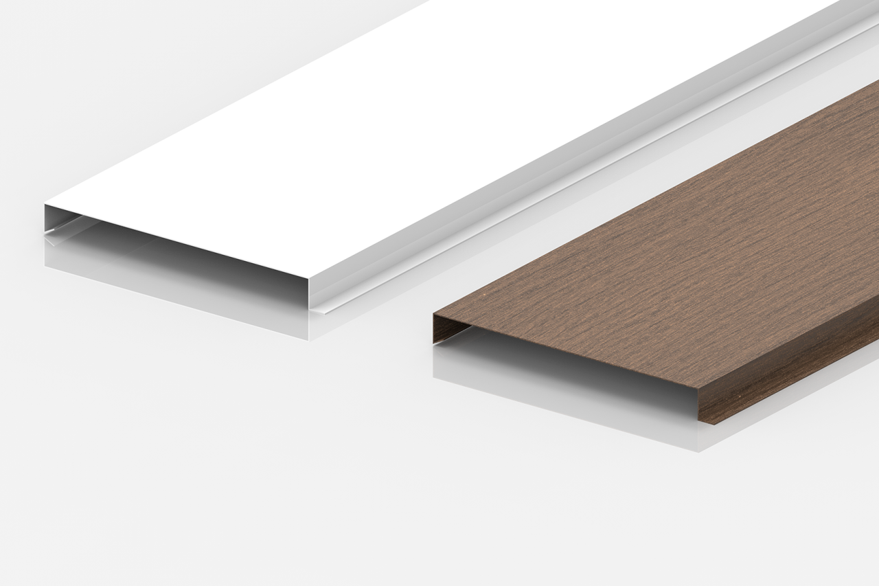 Two rectangular hollow metal profiles are shown side by side on a white surface; one has a smooth white finish and the other has a brown wood-like texture.