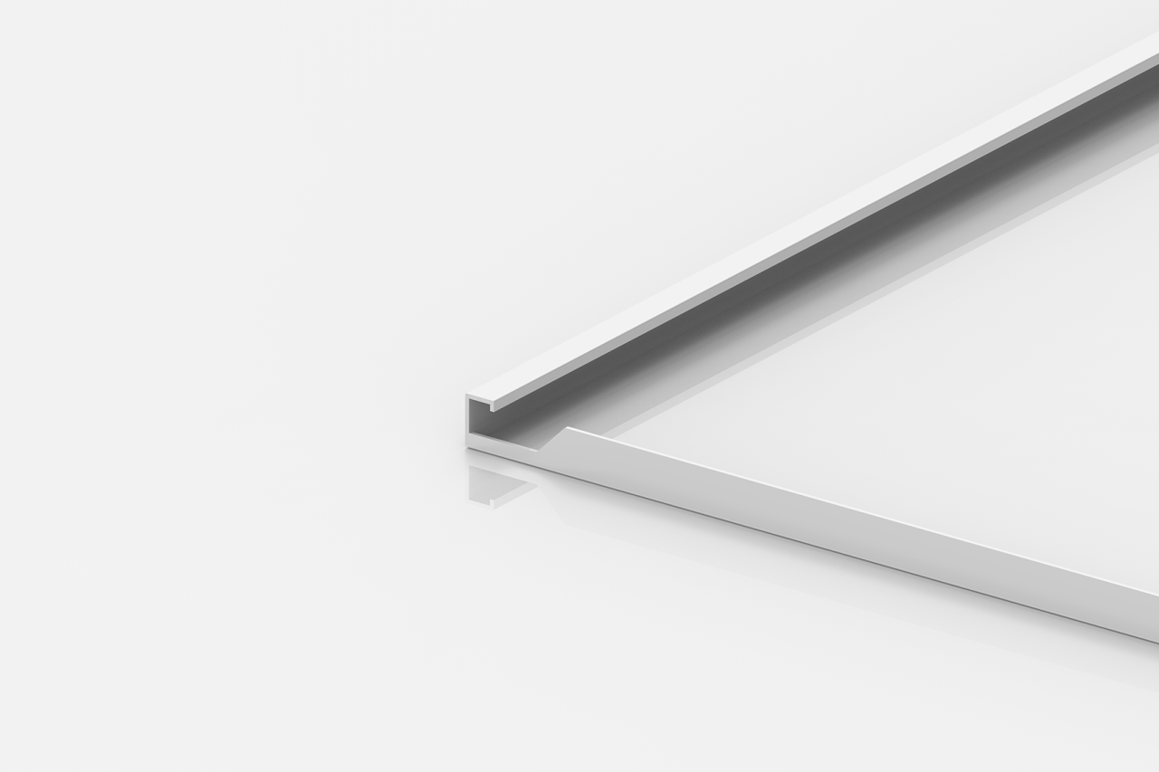 A white, rectangular metal or plastic frame with a clean, minimalistic design, positioned on a glossy white surface and photographed from an angle showing one corner.