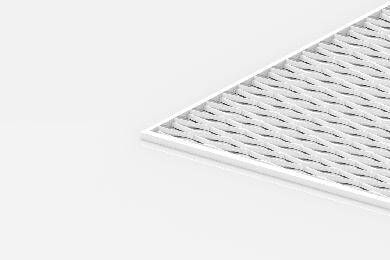 A close-up of a white rectangular panel with a repeating, three-dimensional woven or wave-like pattern, shown at an angle on a plain white background.