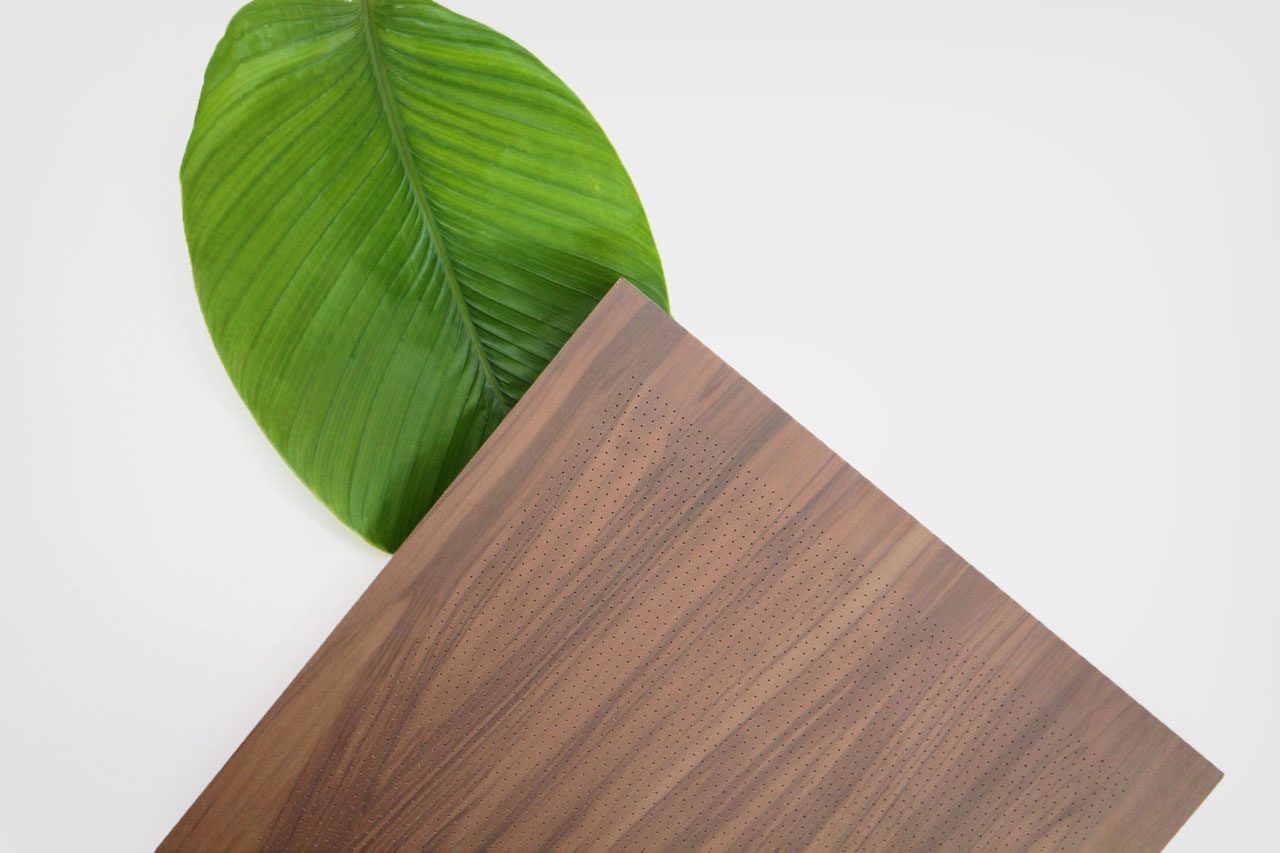 A large green leaf partially overlaps with the corner of a rectangular wooden object, possibly a tray or panel, on a white background.