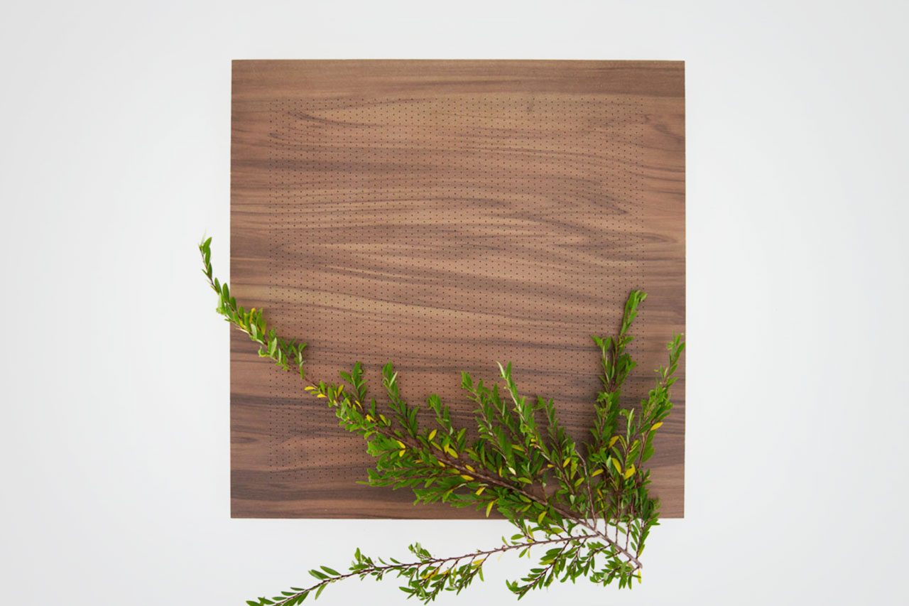 A square wooden board on a white background with a green leafy branch placed diagonally across the bottom right corner.