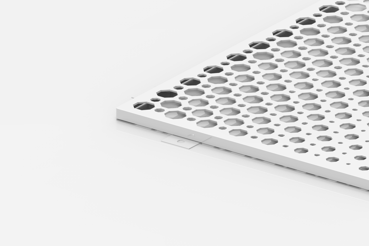 A white metal panel with a pattern of hexagonal holes is positioned in the upper right corner against a white background.