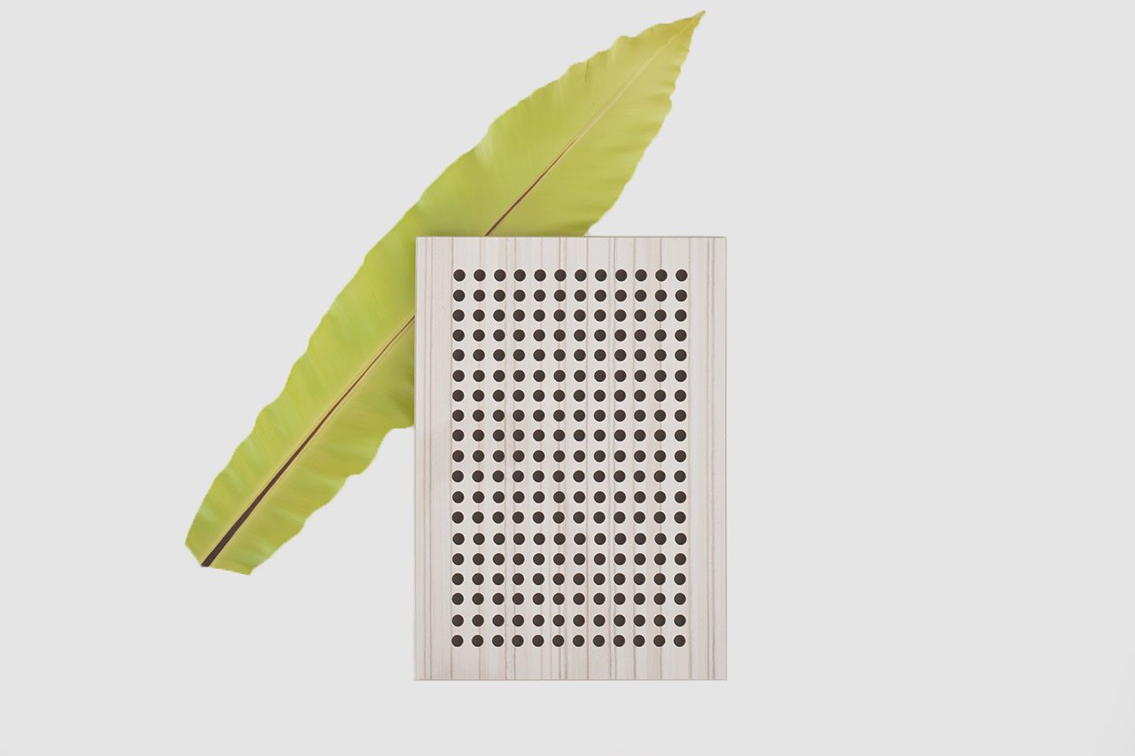 A light green leaf diagonally placed behind a rectangular wooden block with a grid of round holes, all on a plain white background.