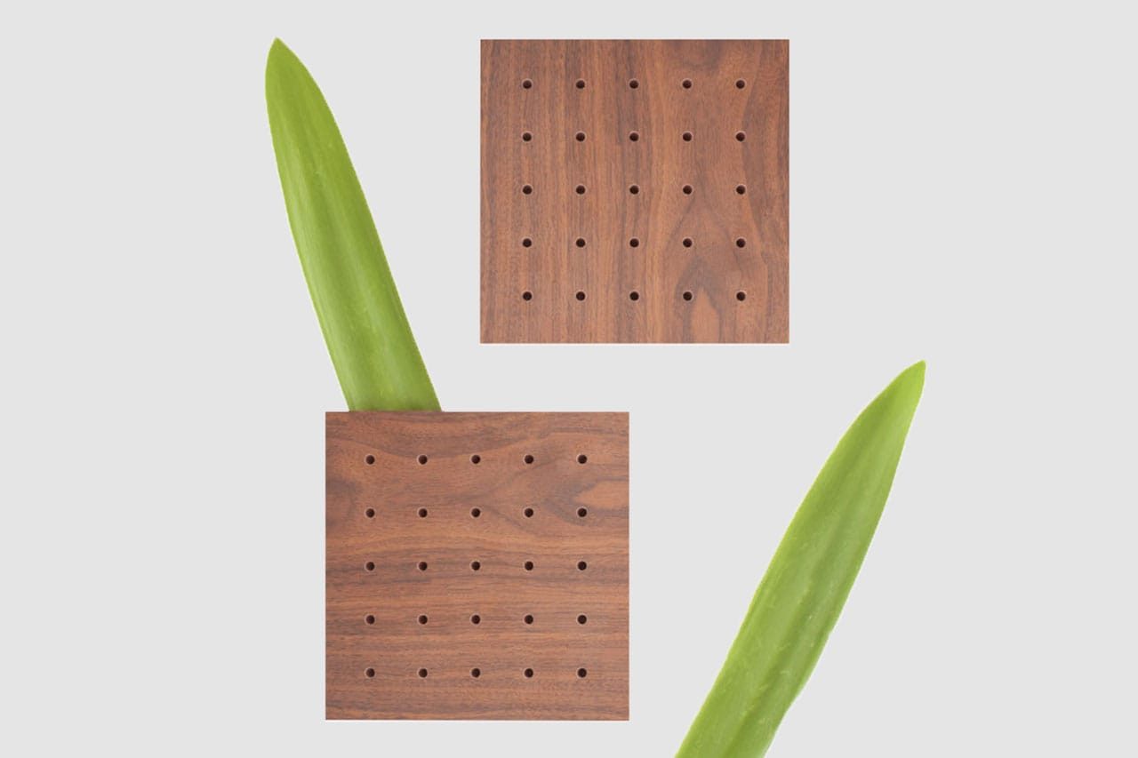 Two square wooden coasters with small evenly spaced holes, each placed next to a long green leaf, all set against a plain light background.