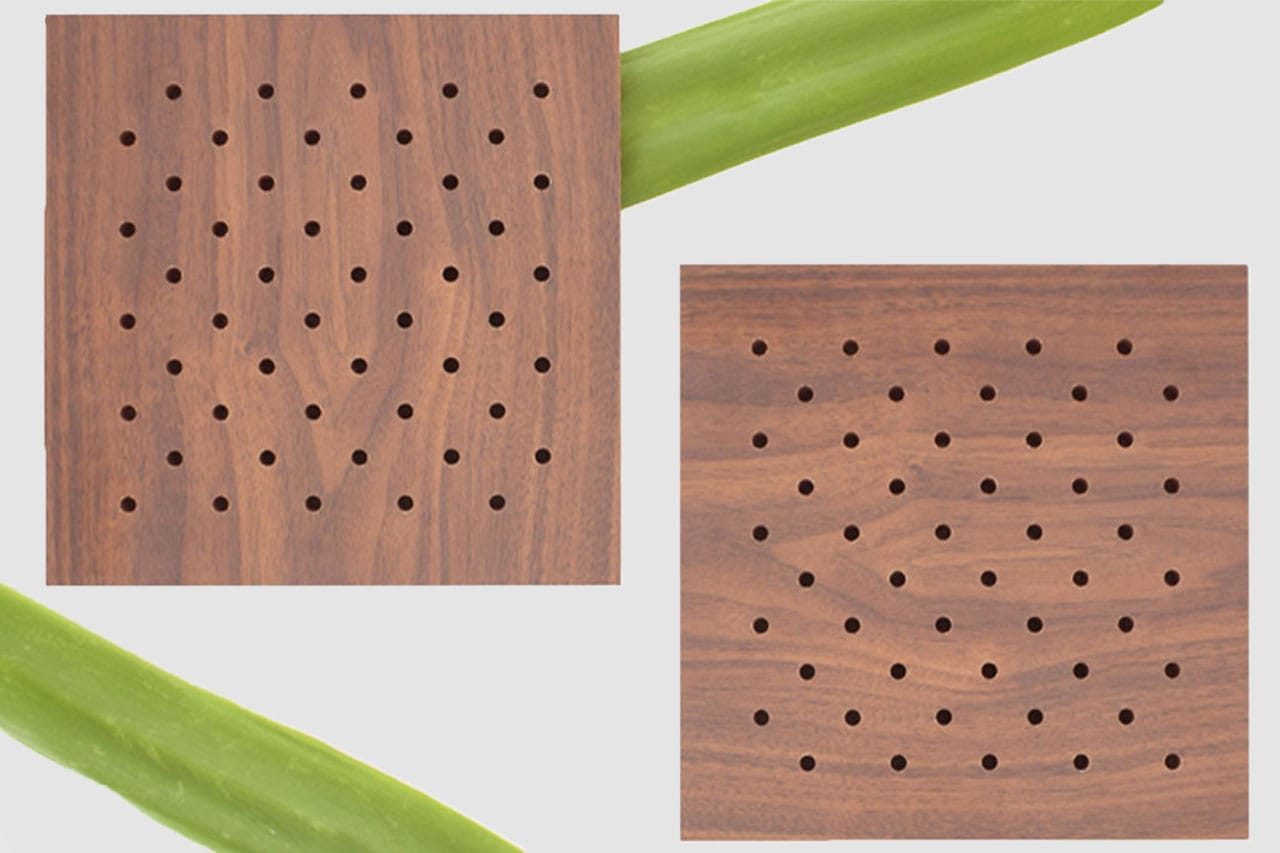 Two square wooden objects with evenly spaced holes arranged in a grid pattern, placed on a white background with two green, elongated plant stems crossing behind them diagonally.