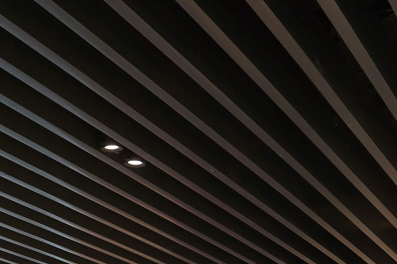 A ceiling with evenly spaced, parallel dark slats and two small round recessed lights turned on, creating a modern, geometric pattern.