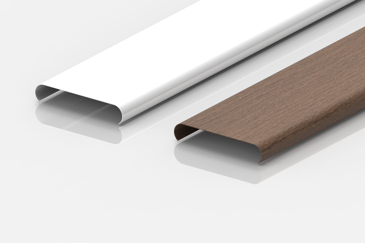 Two rectangular, hollow, rounded-edge metal profiles are shown side by side on a white surface. One is white and glossy, while the other has a brown, wood-like finish. Both have open ends facing forward, reflecting light below.