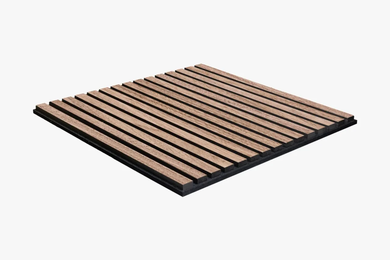 A square wooden slat panel with evenly spaced, parallel light brown wood strips attached to a black base, shown against a white background.