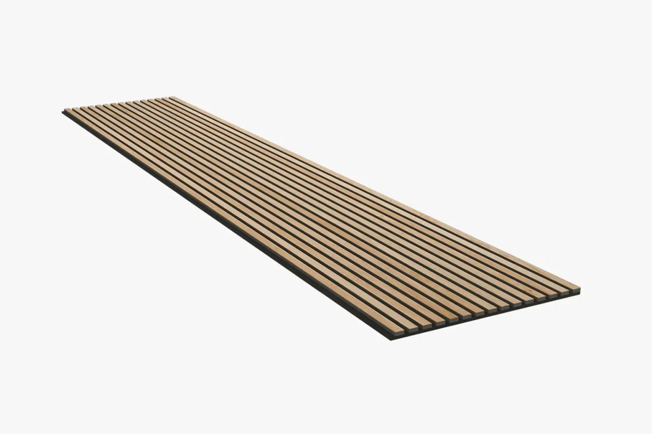 A long, rectangular wooden slat panel with evenly spaced light brown slats on a dark backing, shown on a white background.