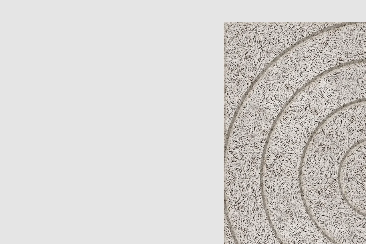 A partial view of a zen garden with concentric circular patterns raked into white gravel, occupying the right side of the image against a plain light gray background.