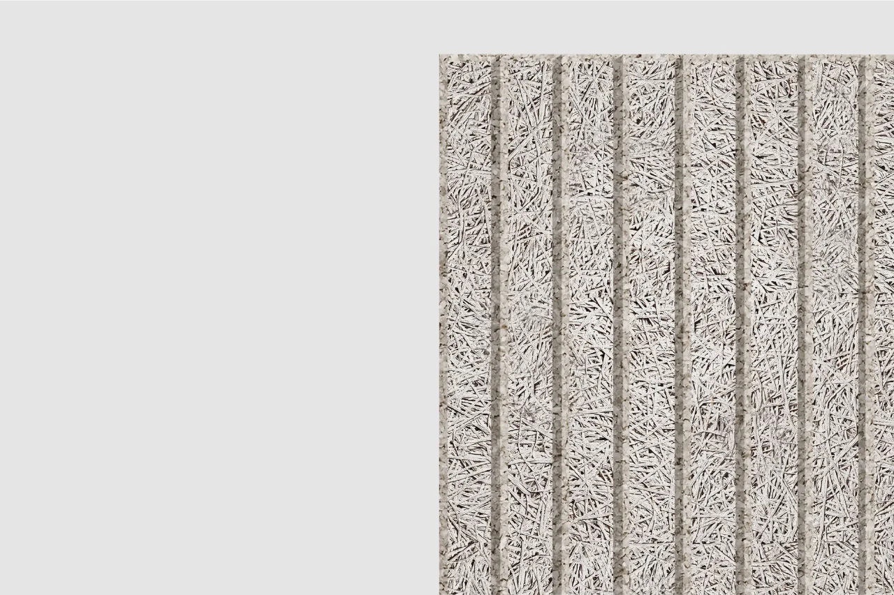 A vertical panel with a textured surface featuring a pattern of thin, tangled, light-colored fibers arranged in parallel sections against a plain, light gray background.